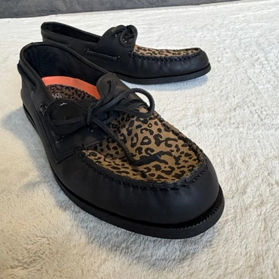 Sperry Original 2-Eye Boat Shoe US 11M Black Leather Leopard Print ~ Only Ones!! - Image 1 of 4