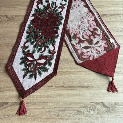 Thomas Frederick Christmas Tapestry Traditional Table Runner Poinsettias Vintage - Image 1 of 4