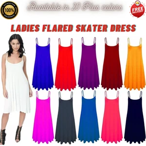 New Ladies Camisole Cami Flared Skater Women Strappy Top  Mini Dress - Picture 1 of 24