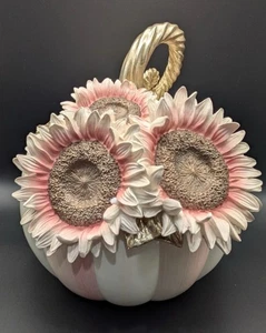 Calabaza a rayas rosadas con girasol rosa MacKenzie Childs nueva con etiquetas - decoración para todas las estaciones - Imagen 1 de 5