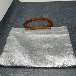 Vintage Chic 60's Silver Tote Purse Brown Lucite Handles - Convertible Clutch - Picture 1 of 8
