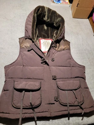 Polo Ralph Lauren Chaleco acolchado para mujer XL piel sintética con capucha marrón bolsillos con cremallera completa Foto 1 de 4