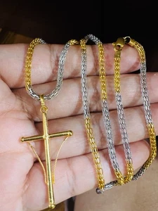 PURE 22K 916 Real two tone Fine Gold Cross Set Necklace 21/21.5” Long 13.57g 3mm - Picture 1 of 24