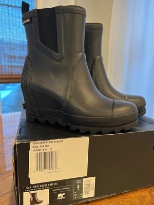Sorel Botas Joan Rain Wedge Chelsea Botín al Tobillo Negro Mar Sal Talla 9 Foto 1 de 4