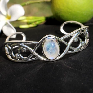 Rainbow Moonstone 925 Sterling Silver Handmade Jewelry Cuff Bangle Adjustable - Picture 1 of 7