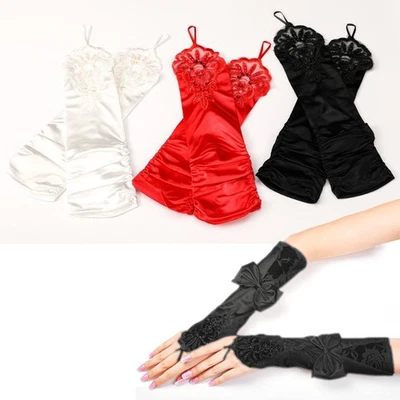 女士派对新娘婚礼无指花边弹力缎面蝴蝶结手套美国 — 第 1/4 张图片