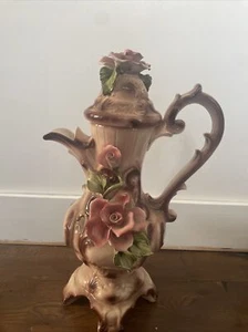 CAPODIMONTE VINTAGE PORCELAIN LARGE 20" Pitcher VASE PINK ROSE MADE IN ITALY - Picture 1 of 7