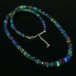 925 Sterling Runde Halskette Natur Schwarz Äthiopischer Opal Perlen Halskette #1 - Bild 1 von 10