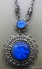 Antique Sterling Silver Star Sapphire Or Blue Glass Filigree Necklace Pendant