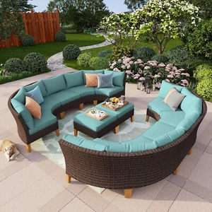 Outdoor Patio Furniture Sets Half-Moon Curved Sectional Sofa Rattan Wicker Set - Picture 1 of 7