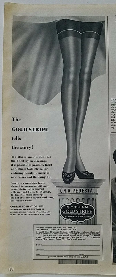 1949 women's Gotham gold stripe thigh-high hosiery stockings legs ad - Image 1 of 1