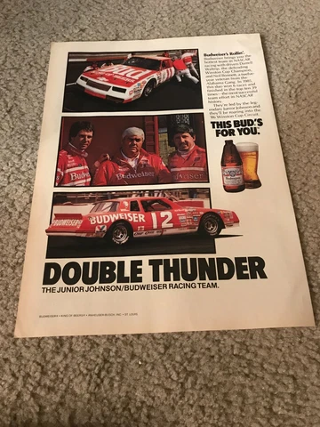 1986 JUNIOR JOHNSON BUDWEISER BEER RACING TEAM Poster Print Ad NEIL BONNETT '80s Cover