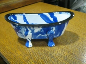 DARK BLUE SWIRL GRANITEWARE ENAMEL Bath Tub Soap Dish w Feet Black Trim 5 1/2" - Picture 1 of 5