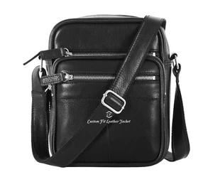Men's Small Crossbody Bag Cowhide Leather Black Travel Messenger Shoulder Bag - Picture 1 of 11