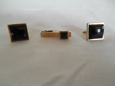 Juego de gemelos y clips de corbata de vidrio facetado negro Swank vintage Foto 1 de 4