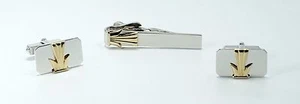 Gemelos y clip de corbata vintage estilo Swank Art Deco plata esterlina detalle oro - Imagen 1 de 5