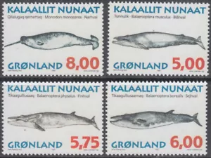 GREENLANDIA SC #319-22 CPL SET MNH di 4 BALENE DIVERSE - Foto 1 di 1