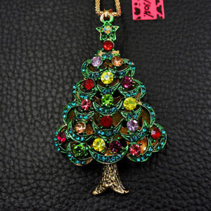 Betsey Johnson Bling Green Crystal Christmas Tree Pendant Sweater Necklace