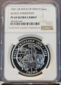 2001 ISLE OF MAN SILVER CROWN ROALD AMUNDSEN NGC PF 69 ULTRA CAMEO TOP POP 1 - Picture 1 of 3