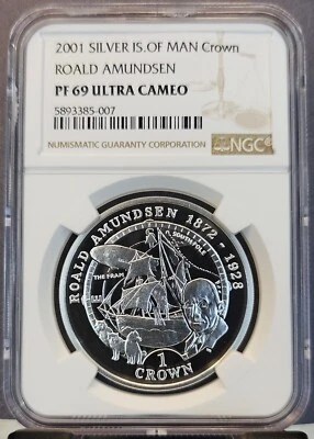 2001 ISLE OF MAN SILVER CROWN ROALD AMUNDSEN NGC PF 69 ULTRA CAMEO TOP POP 1 - Image 1 of 3