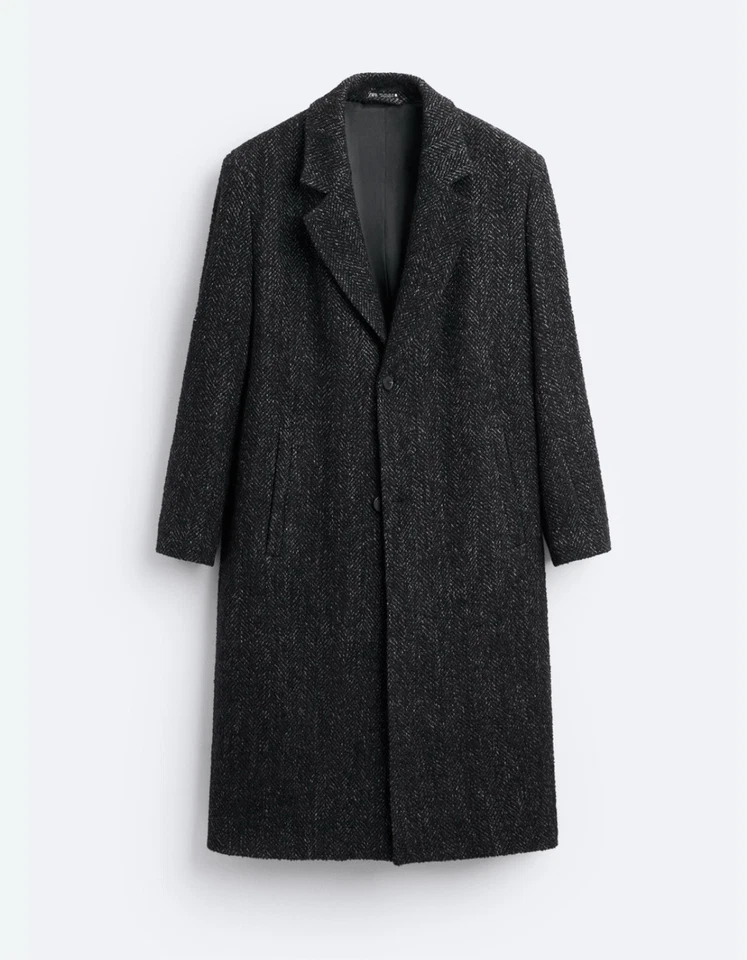 Zara Herringbone Wool Blend Notch Lapel Tweed Fully Lined Long Coat Black Large - Image 1 of 4