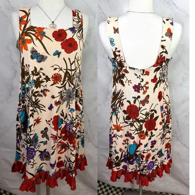 Vtg 60s 70s Psychedelic Dress Motif Butterfly Shift M Red Ruffled 1960s Fairy - Image 1 of 4