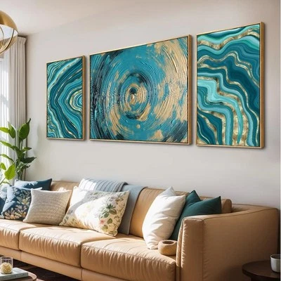 Modern 3-Piece Abstract Canvas Wall Art – Teal, Blue & Gold Ripple Design – Fram - Image 1 of 2