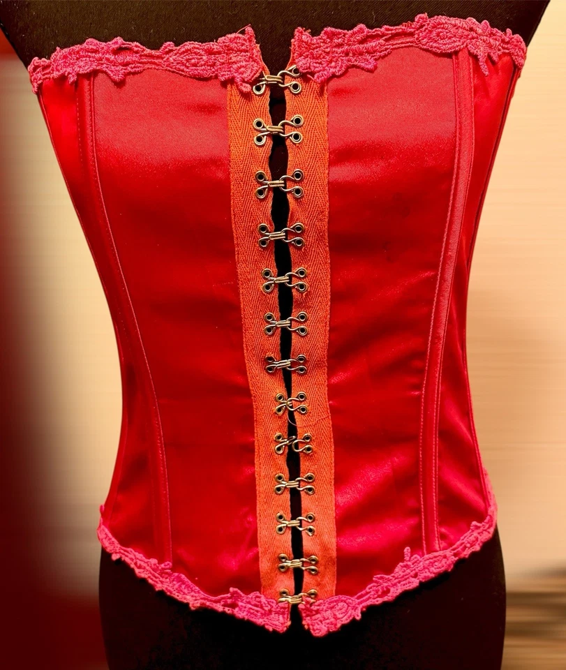 VTG Y2K Scarlet Red Satin Corset  Hook Front Lace Trim Strapless Steam Punk Goth - Image 1 of 4
