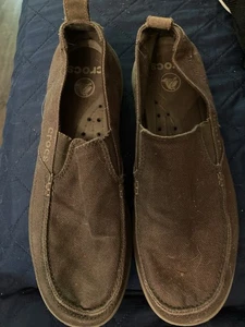 Crocs Shoes Men’s 11 Stretch Sole Slip On Loafers Brown Canvas - Picture 1 of 4