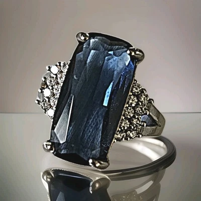 Spinell-Ring, 925er Silber, dunkelblauer Stein mit Zirkonia, massiv, Gr. 59 - Bild 1 von 4