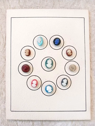Lot of 10 Antique Vintage Small Cameo Buttons on Display Card Glass Plastic .25 Cover