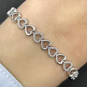 0.05CTW Natural Diamond Sterling Silver Hearts Alternating Links Bracelet 7" - Picture 1 of 5