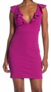 Womens Low Cut Magenta Ruffle sleeves Party Mini Dress Large - Picture 1 of 2