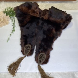 Vintage Detachable Brown Fur Collar With Embroidered Tassels Fully Lined - Picture 1 of 11