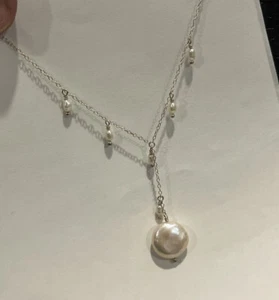 Sterling Silver 925 Genuine Pearl Y-Drop Necklace F125 - Picture 1 of 8