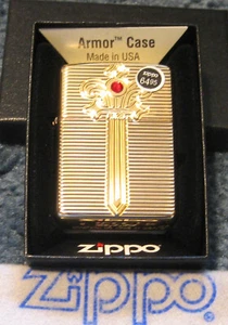 ZIPPO SWORD DESIGN Lighter ARMOR 46737 RED CRYSTAL Brass MINT New DEEP CARVE - Picture 1 of 5