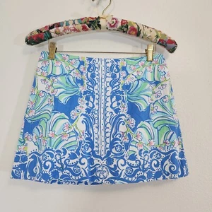Lilly Pulitzer Skirt Womens 2 Blue Tropical Floral Hawaiian Cotton Mini Golf - Picture 1 of 10