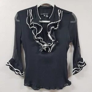 Zara Top Damen Medium Schwarz Chiffon Seide Bluse Rüschen Ausschnitt Whimsigoth - Bild 1 von 7