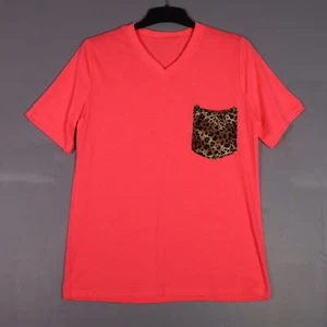 T-shirt donna senza marchio taglia L rosa elettrico stampa leopardata tasca scollo a V - Foto 1 di 8