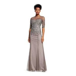 ADRIANNA PAPELL Women's 3/4 Sleeve Beaded Illusion Gown with Sweetheart Neckline - Picture 1 of 12