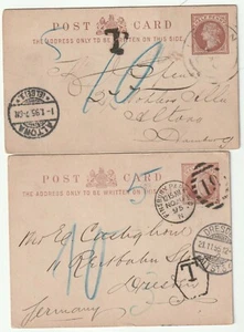 1894/5 2 x ½d POSTAL STATIONERY CARDS LONDON >ALTONA DRESDEN GERMANY TAXE MARKS - Picture 1 of 2