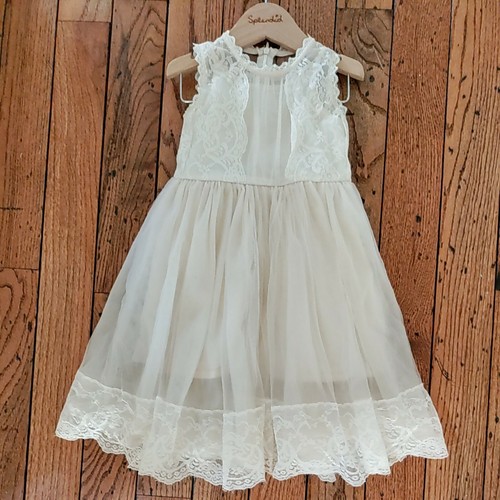 OFF WHITE Abito pizzo bianco sporco avorio vintage ragazza fiori festa matrimonio 4 livelli maniche fata