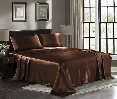 Brown Full Size Satin Silky Sheet Set With Pillowcase Microfiber Deep Pocket - Image 1 of 4
