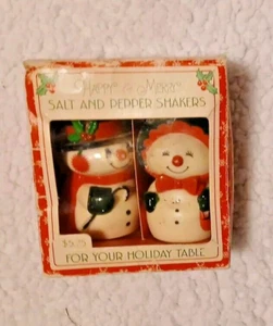 Sal Pimienta Shakers Vintage Hallmark Happy & Merry Mr. & Mrs. Snowmen con Caja 1980 - Imagen 1 de 6