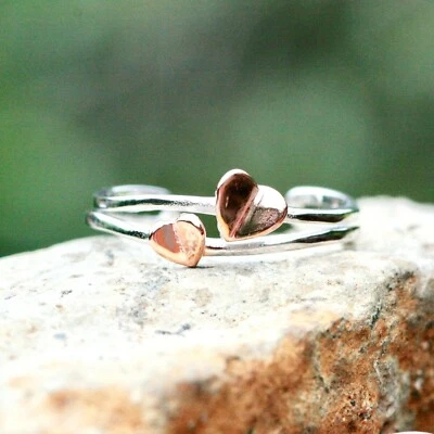 Heart Band Rose Gold and 925 Sterling Silver , Two Heart Ring, Handmade  - Image 1 of 4