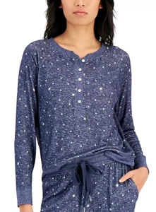 Alfani Women's Long-Sleeve Hacci Henley Pajama Top T-Shirt, Blue Stars, XXL - Picture 1 of 1