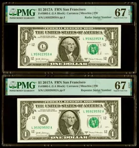 2017 A $1 Dollar Radar & Repeater FRN San Francisco PMG 67 EPQ Superb Gem Lot 2 - Picture 1 of 4