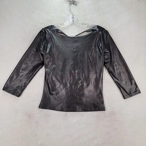LEI Size L Black Liquid Stretch Shiny Open Back Boat Neck Blouse Womens Top - Picture 1 of 14