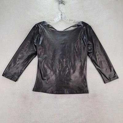 LEI Size L Black Liquid Stretch Shiny Open Back Boat Neck Blouse Womens Top - Image 1 of 4