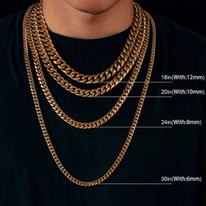 Gold Plated Stainless Steel Curb Chain Link 6mm Necklace - 18" to 24" Length - Picture 1 of 4